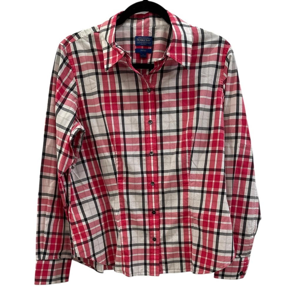 Pendleton Shirt Womens Large fitted Pink Button Up Plaid Roll Tab Cotton Size L - Picture 1 of 4